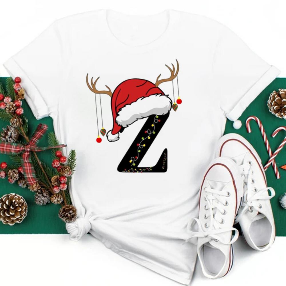 Christmas Hat A To Z Letters Tshirt Christmas Family Activity Sleeved Streetwear Harajuku Short Sleeve Casual Aesthetic Clothes