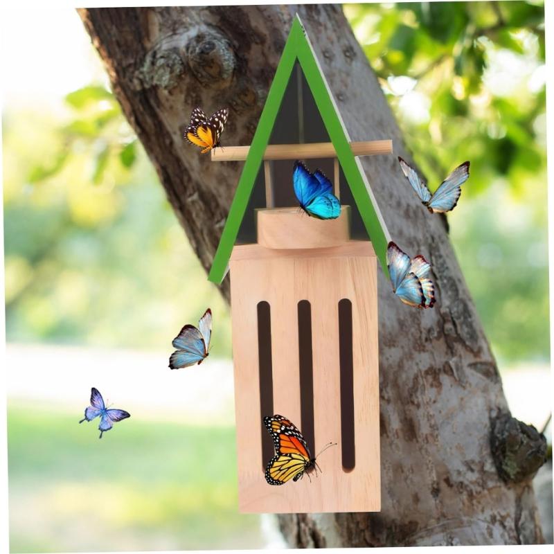 Hanging Butterfly Shelter Weather Resistant Wooden Habitat Feeder For Outdoor Garden