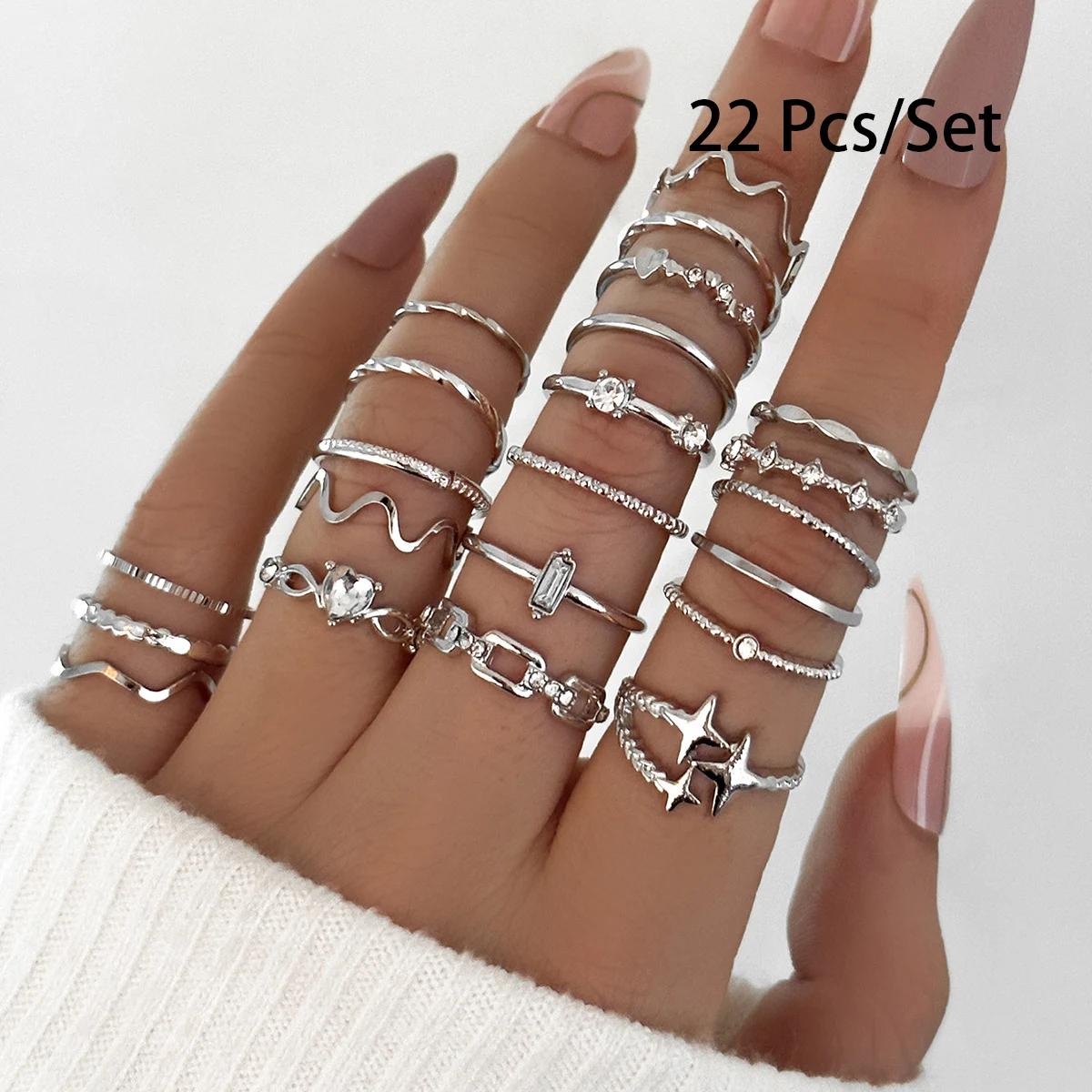 

22Pcs Bohemian Geometric Knuckle Rings Set For Women Gold Silver Color Star Heart Crystal Finger Ring Girl Fashion Party Jewelry
