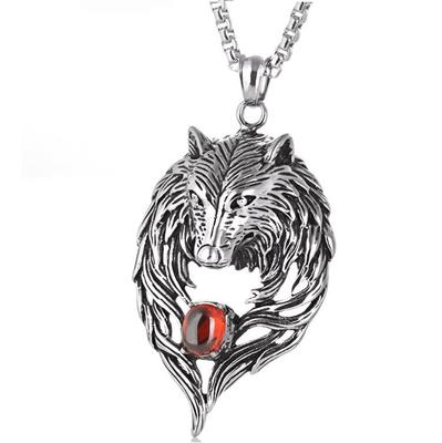 Stainless Steel Retro Personality Domineering Skull Wolf Head Diamond Stone Pendant Necklace Men