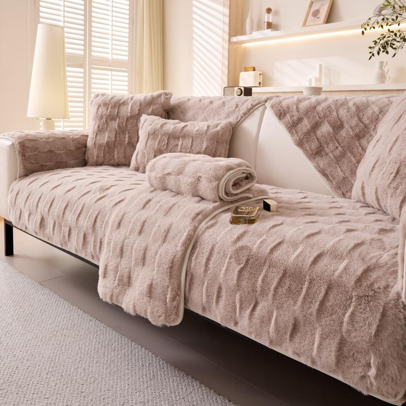 New Light Luxury Internet Celebrity Thickened Plush Leather Sofa Cushion Winter Modern Cream High-End Cover Seat Cushion Cover Cloth