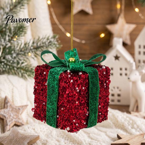 Holiday Party Supplies Christmas Gift Box Ornament with Glitter, 3D Present Hanging Decor Xmas Tree Decorations Green Ribbon Bow, Pendant, Festive