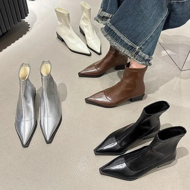 Fashion Pointed Toe Women Ankle Boots Fashion Thick Heel Slimming Short Booties Autumn Winter Soft Leather Female Shoes
