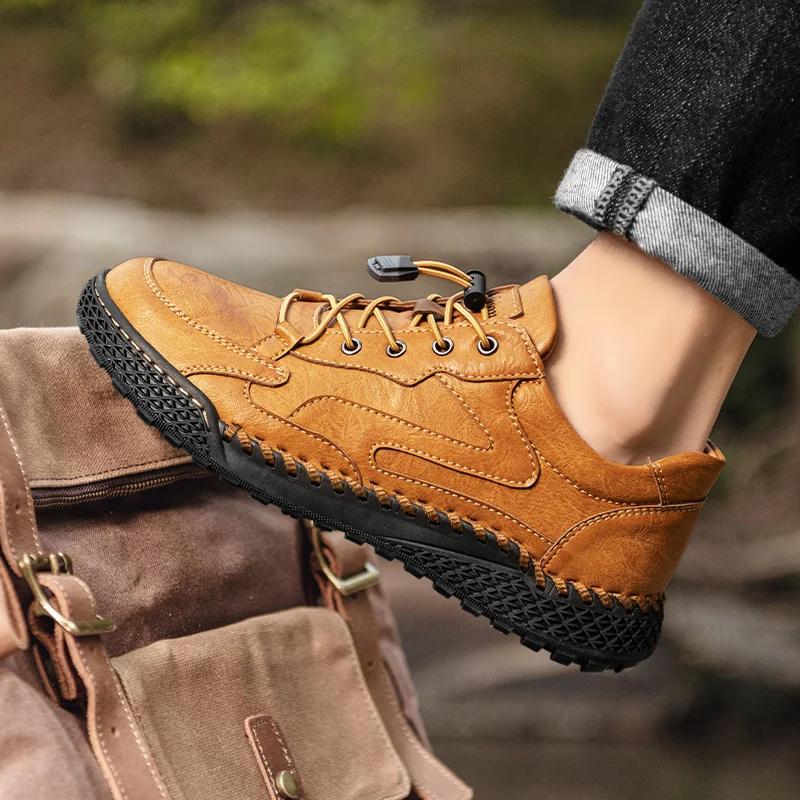 Non-Slip Leather Treking Footwear Leisure Lace Up Mens Casual Shoes Outdoor Male Sneakers Hiking Shoes All-match Driving Shoes
