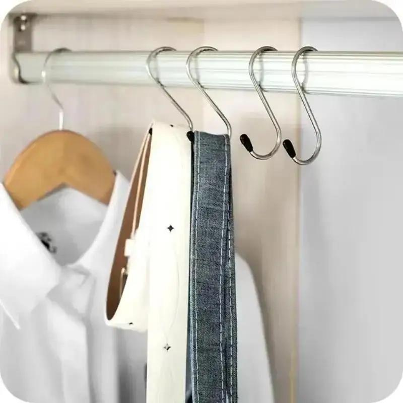 4Pcs S-Shape Hook Stainless Steel Clothes Bags Towels Plants Hanging Rack Useful Tools Kitchen Bedroom Railing S Hanger Hook