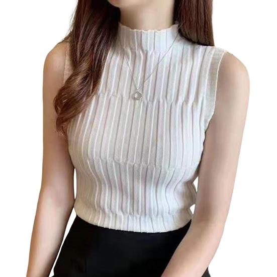 Women Bottoming Vest Solid Color Tops Collar Sleeveless Knitting Half High Slim Fit Tank Tops