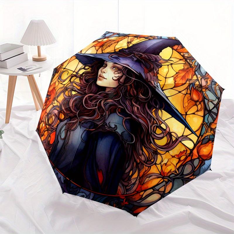 Stained Witch Wall Art: Magical Halloween DecorUmbrella, Portable 3-Fold Compact Umbrella,Christmas Gift ES455