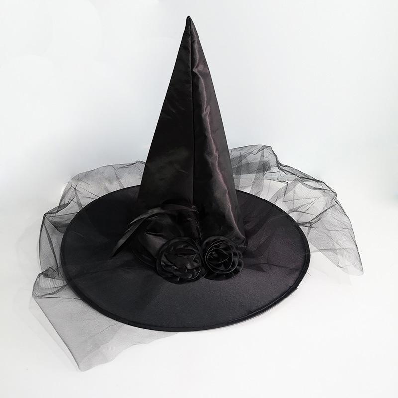 Halloween Witch Hat with Rose Flower Mesh for Adults & Kids - Masquerade Costume Party Accessory