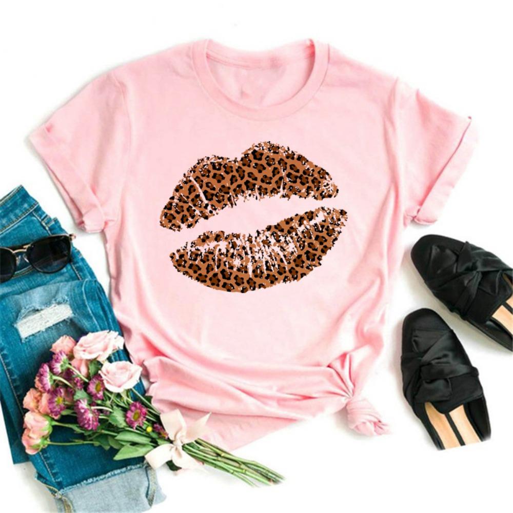 New Women Pink Lips Leopard Graphic T Shirt Casual Fahion O-neck Sexy Black Tees Kiss Lip Funny Girls Tshirt