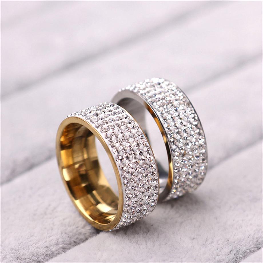 Hip Hop Ice Out Bling Full Rhinestone Womens Ring Gold Color Stainless Steel Rings for Men Women Fashion Jewelry Anel