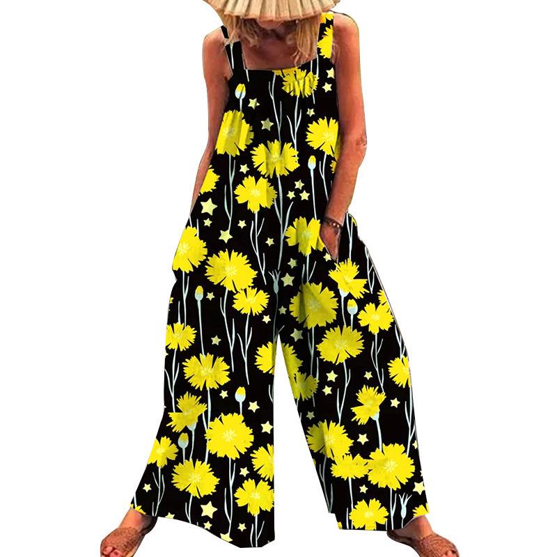2026 Summer Plus-Size Women's Printed Strappy Wide-Leg Jumpsuit