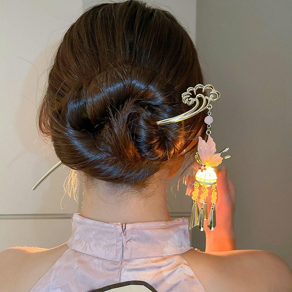Pearl Glowing Lantern Hairpin Luminescent Hanfu Hair Clip Butterfly Hairpin  Girl Hair Accessories