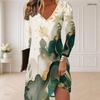 Women Plus Size V Neck Long Sleeve Blue Gold Marble Printed Curved Hem Dress
