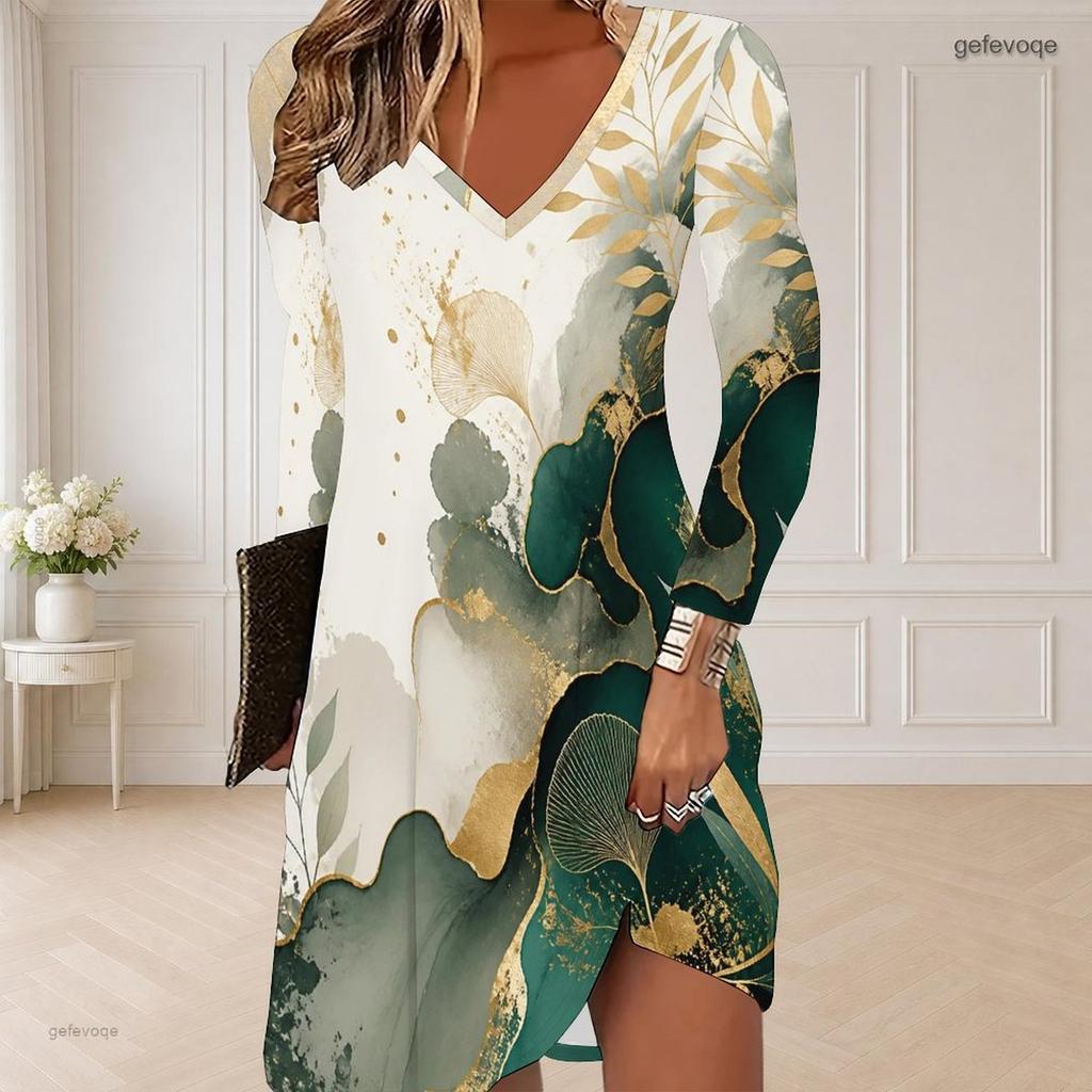 Women Plus Size V Neck Long Sleeve Blue Gold Marble Printed Curved Hem Dress