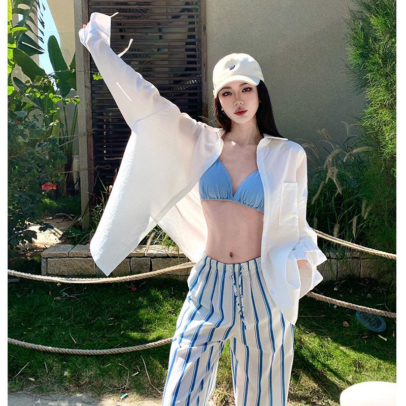 Casual vacation style blue bikini three-piece women's summer seaside vacation sunscreen blouse striped wide-leg trousers