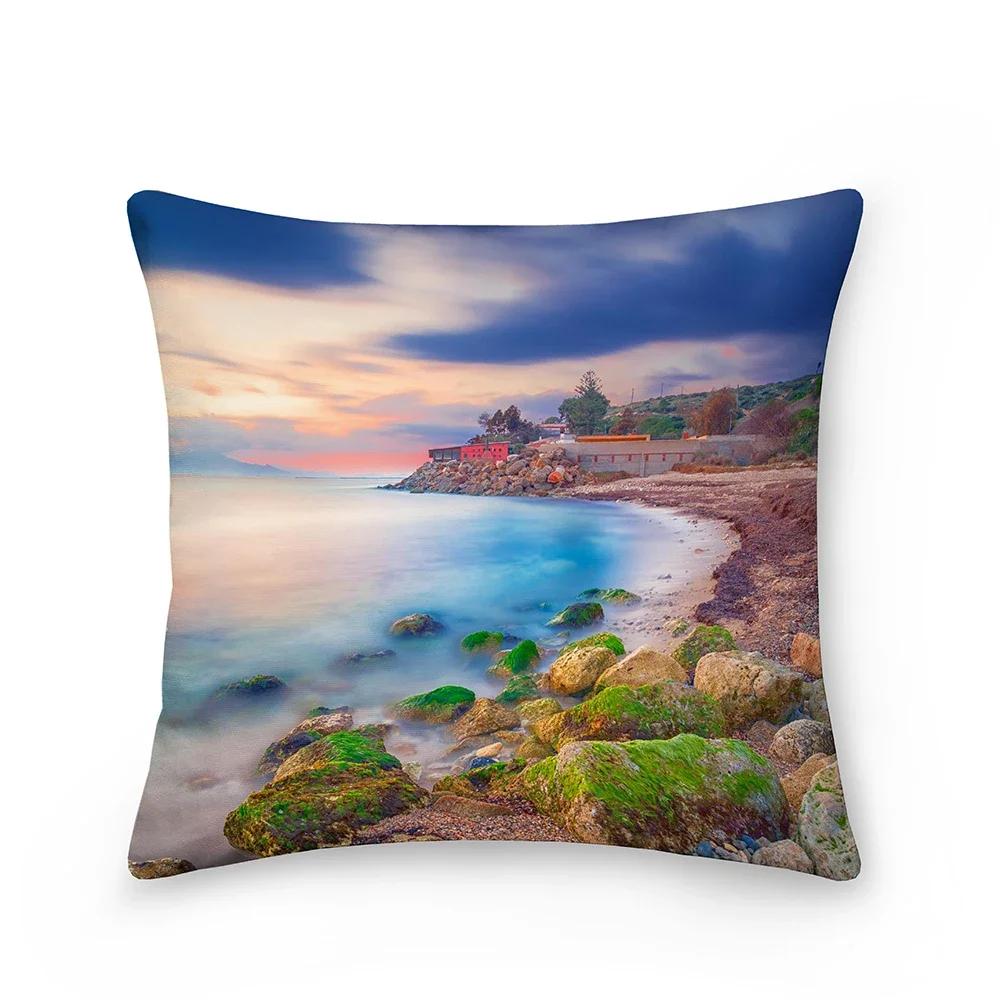 Landscape Pattern Decorative Cushion Cover Polyester Pillow Cover Throw Pillowcase Sofa Chair Bedroom Home Decoration 45X45Cm