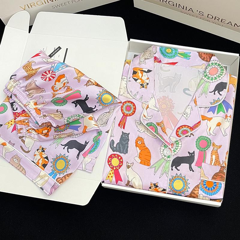 

Летние женские пижамы с короткими рукавами, корейский женский комплект из 2 предметов, шелковая модная пижама, милый мультяшный кот с принтом, розовый атласный пижамный комплект, костюм для молодой девушки XXL розовый