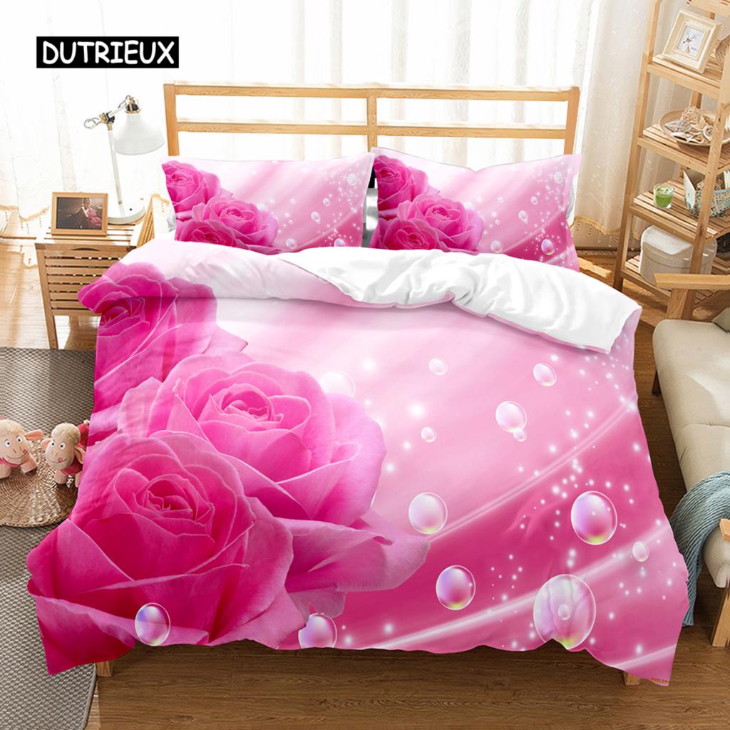 Romantische Rose Bettbezug Twin Queen Floral Bettwäsche Set Mikrofaser Blüte Blumen Steppdeckenbezug für Valentinstag Hochzeitsdeko