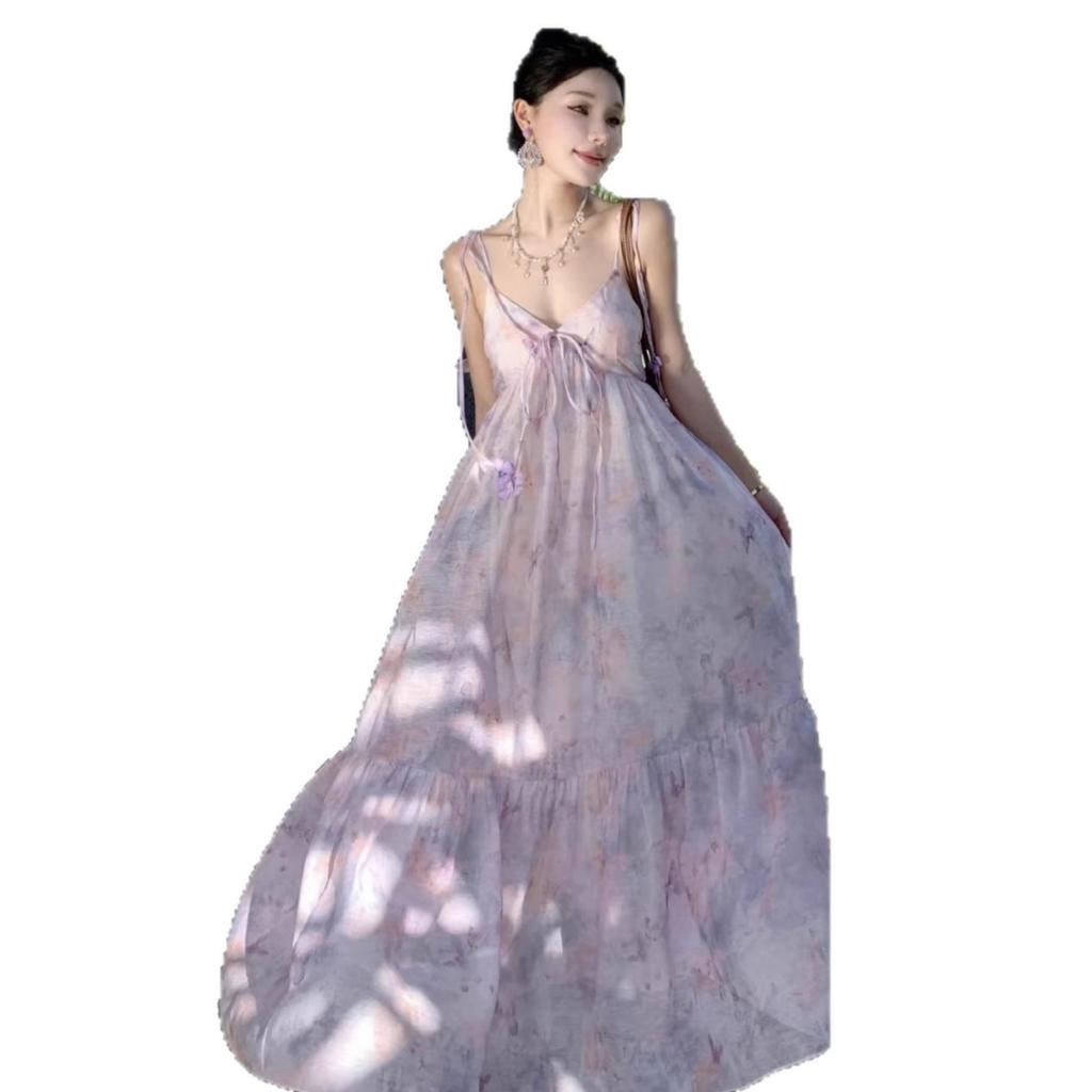 Source Holiday Wind Suspender Dress Female Summer Oil Painting Smudge Long Skirt Fairy