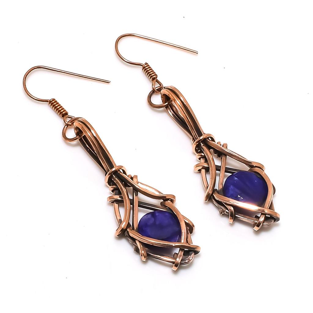 Blue Sapphire Earrings, Handmade Gemstone Earrings, 999 Copper Wire Wrapped Earrings Antique Jewelry, For Engagement Gift