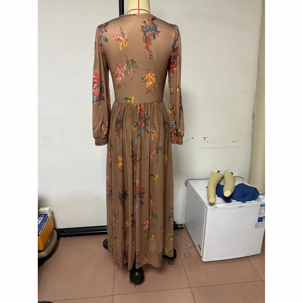 Vintage Pattern Printed High Waist Dress Casual Women V Neck Pleated Bohemian Autumn Long Sleeved Pleated