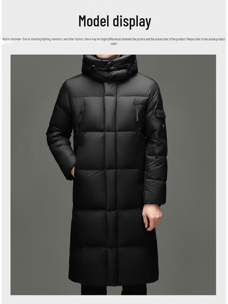 Brand 2025 Men's Winter Hooded Over-the-Knee Long Down Jacket with Fleece Lining