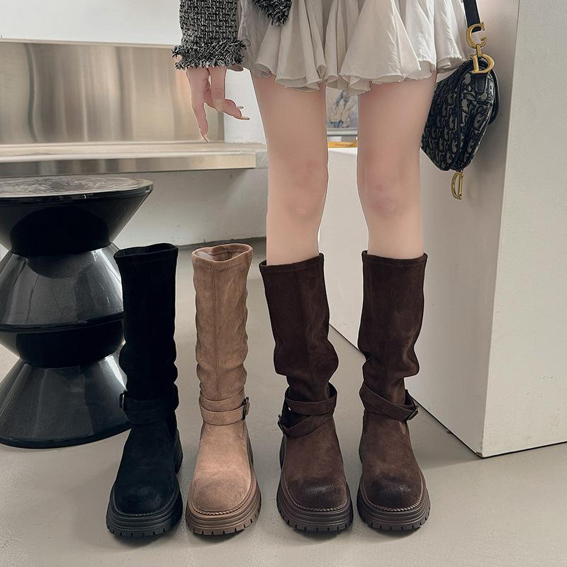 Temperament French suede knight boots polished round head boots 2025 autumn and winter suede versatile thick heel Martin boots