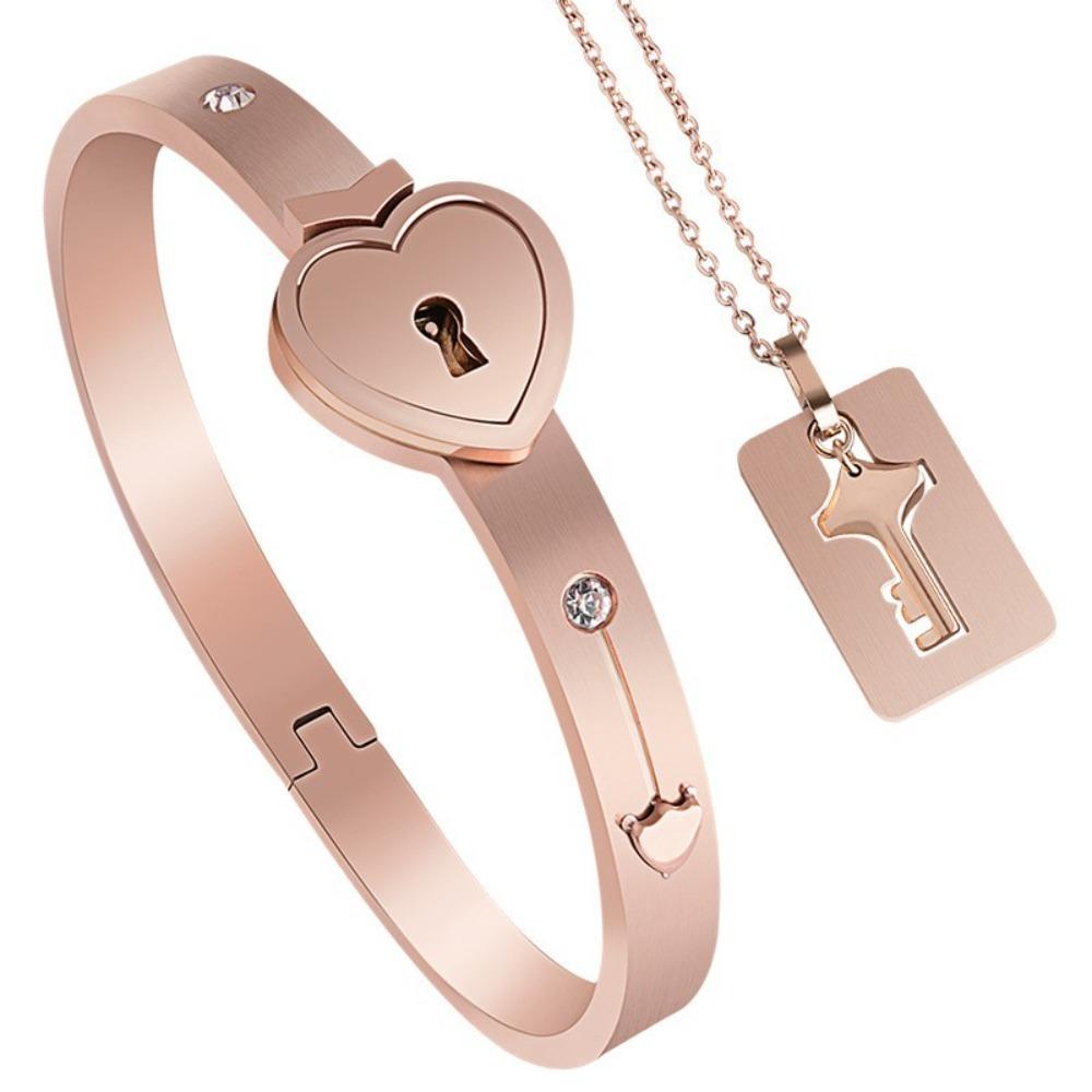 Stainless Steel Heart Lock Bracelets Gold Silver Key Pendant Necklace  Jewelry Gift