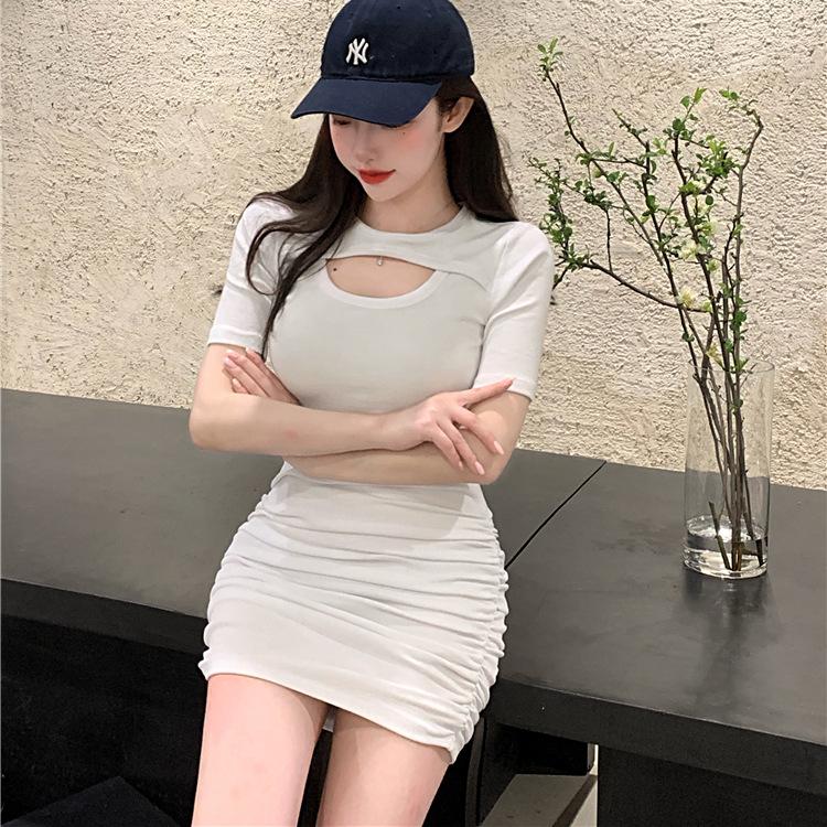 Skinny Short-sleeved Hip-wrapped Dress Spice Girl Spring and Summer High-waisted Small Man Looking Thin New A-word Short Skirt