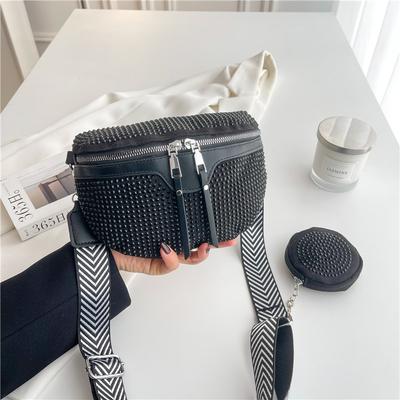 Elegante Bolso de Cintura para Mujer Tachonado con Pedrería Bolso Cruzado de Cuero PU Correa Ancha Bolso de Hombro de Moda Bolso de Mano para Dama