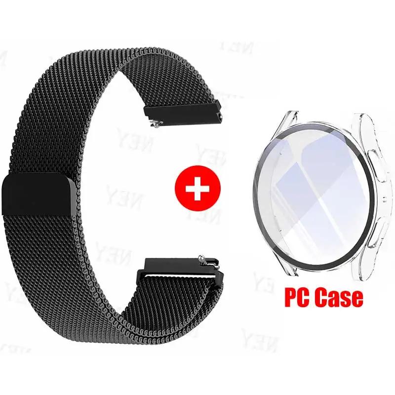 Glass Case+Strap for Samsung Galaxy Watch 7 6 5 4 40mm 44mm Milanese Loop 20MM Band PC Protector Cover Bumper Galaxy Watch 6 5 4