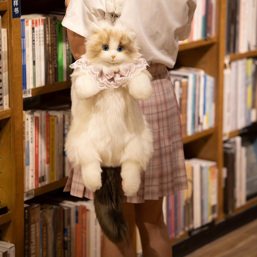 Handmade Unique Ragdoll Cat Shape Backpack Plush Animal Cat Realistic Fashion Gifts for Girls and Cat Lovers Christmas Gifts Valentine's Day Gifts