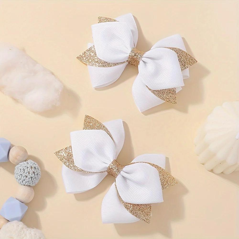 2Pcs Double Layer Glitter Bow Hair Clips for Girls Cute Grosgrain Ribbon Hair Accessories Children's Hairpins Bowknot Headwear