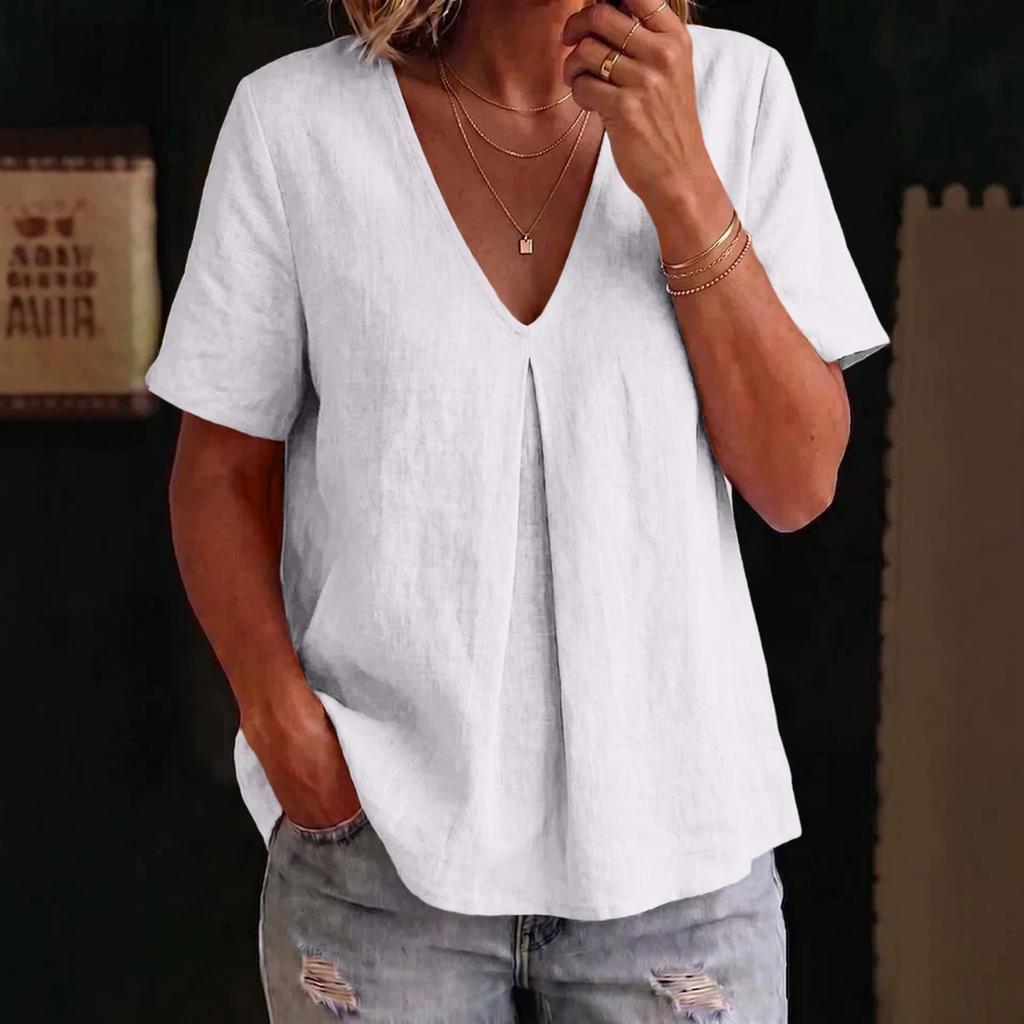 Women Casual V Neck Loose Fit Short Sleeve Blouse Lightweight Soft Fabric Comfortable Summer Top