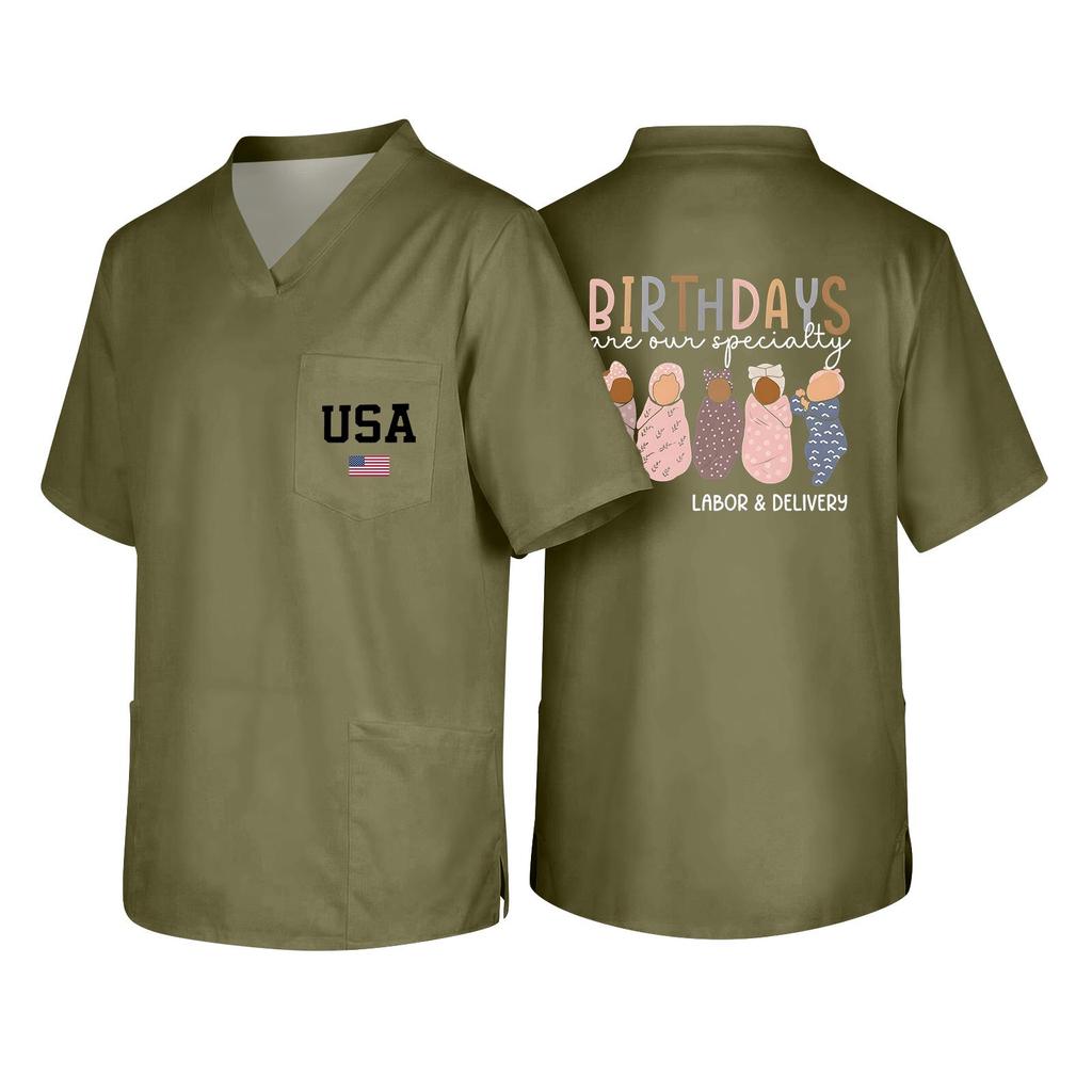 Men's Short Sleeve V-Neck Scrub Top with Pocket - Labor Day Fun Print - Uniform Tunic