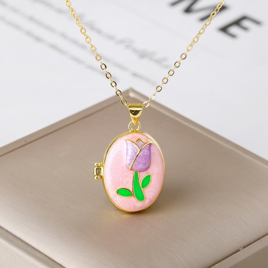 Openable Colorful Tulip Oval Photo Box Necklace Women's Gold Plated Chain Cute Flower Pendant Necklaces Trendy Jewelry For Girls