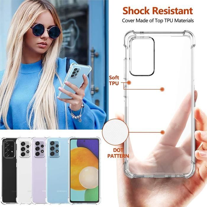 Coque pour Samsung Galaxy A52 4G&amp;5G + 2 Pièces Verre Trempé Protection écran [Housse Transparent Silicone] [10X Anti-Jaunissement] [