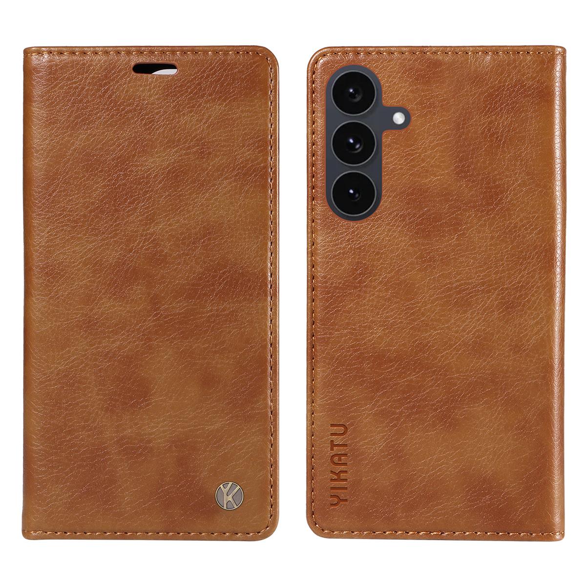 

For Samsung Galaxy S25 FE Wallet Case YIKATU YK-006 Magnetic Closure Leather Phone Cover Litchi Texture Brown