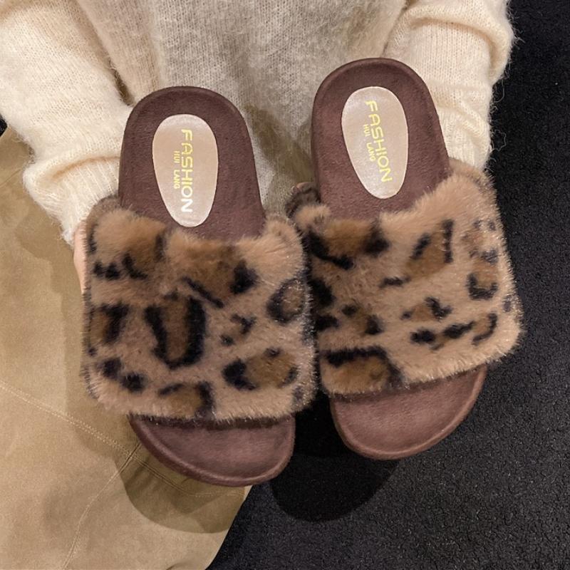 Fashion Women Platform Fur Slippers Leopard Flats Shoes Trend New Slingback Sandals 2025 Summer Open Toe Woman Flip Flops Casual Slides