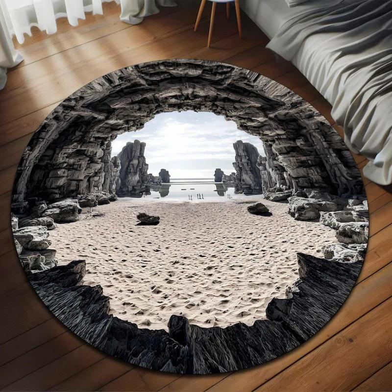 

2D Desert Cave Circular Printed Carpet Optical Illusion Pinhole Cave Carpet Living Room Bedroom Kitchen Unique Non-slip Mat 80cm x 80cm