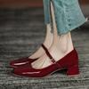 New Plus Size 41 Women Mary Jane Shoes Square Toe Pumps Patent Leather Dress Shoes Office Ladies Shoes Mid Heels Wine Red Shoes
