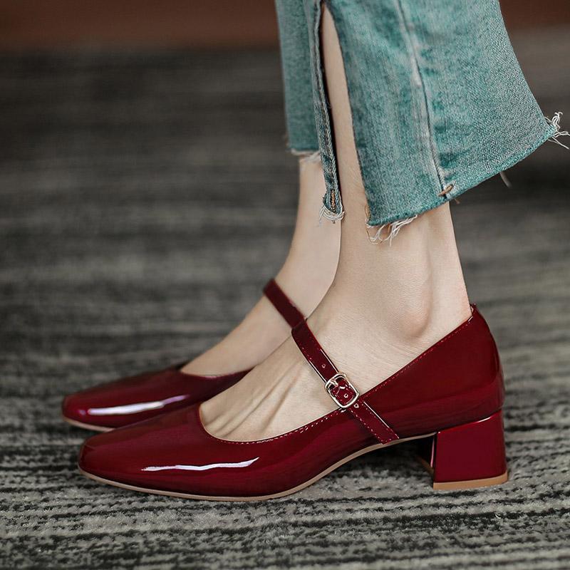 New Plus Size 41 Women Mary Jane Shoes Square Toe Pumps Patent Leather Dress Shoes Office Ladies Shoes Mid Heels Wine Red Shoes
