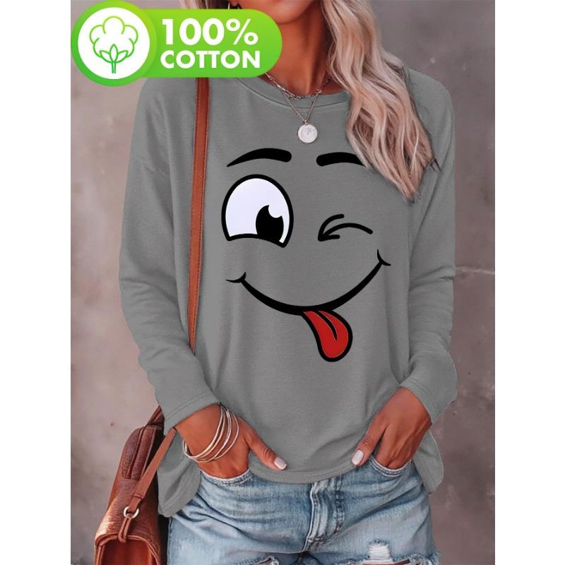 Women's spring and autumn comfortable casual fashion long sleeved cat graphic printed round neck T-shirt