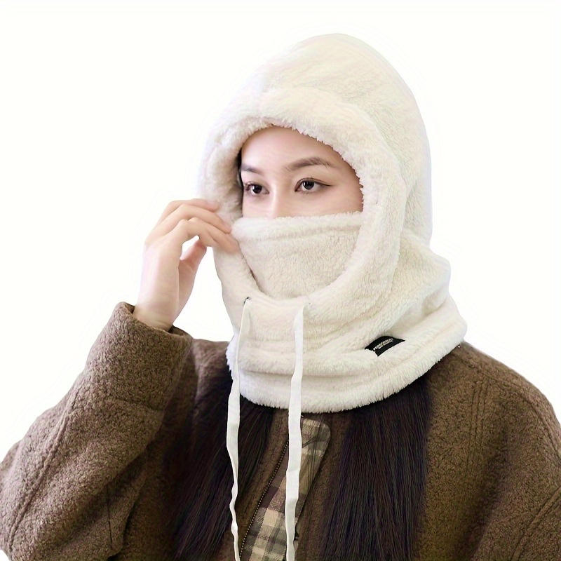 Women Winter Hood Hats Outdoor Cycling Windproof Cap Thermal Unisex Cold Proof Soft Plush with Face Mask Drawstring Warm Hat Drawstring Ski Mask Hat