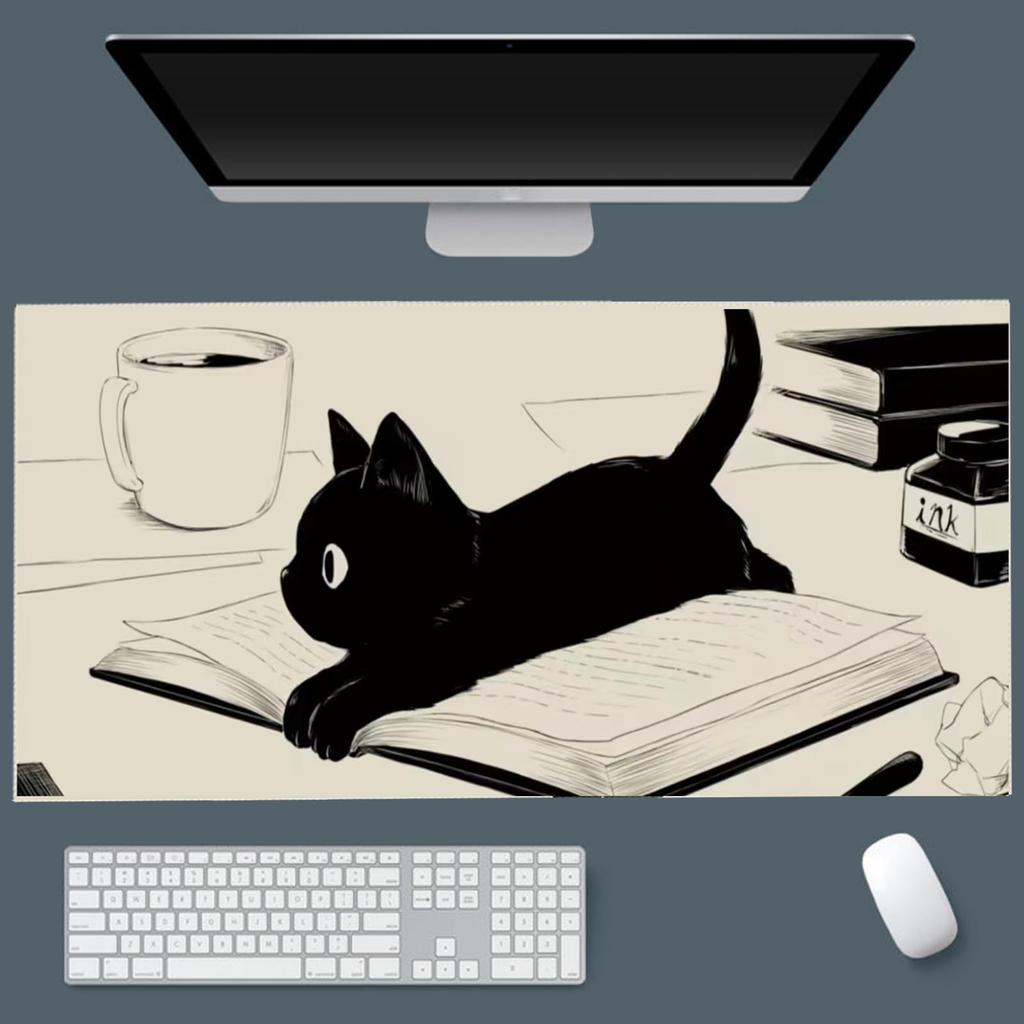 Uniqcasa Gaming Mouse Pad XXL Extended Anime Mouse Pad Large Cute Kawaii Big Computer Mouse Mat Desk Pad Home Office Black Reading Cat 80x40cm,