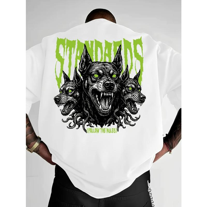 European Sizes Men'S Streetwear Graphic T-Shirt - "Standards" Design with Wolf & Skull Print, Loose Fit Round Neck Tee
