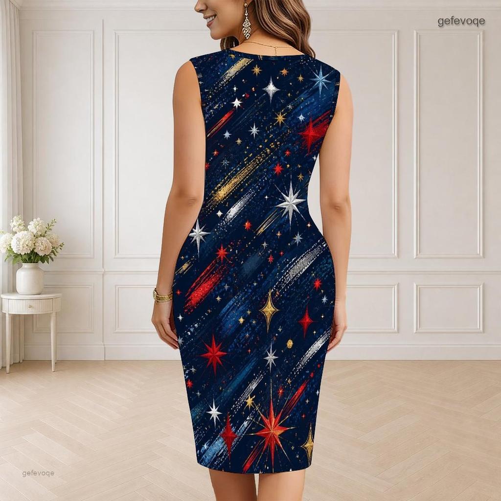Women Plus Size V Neck Sleeveless White Printed Bodycon Midi Dress
