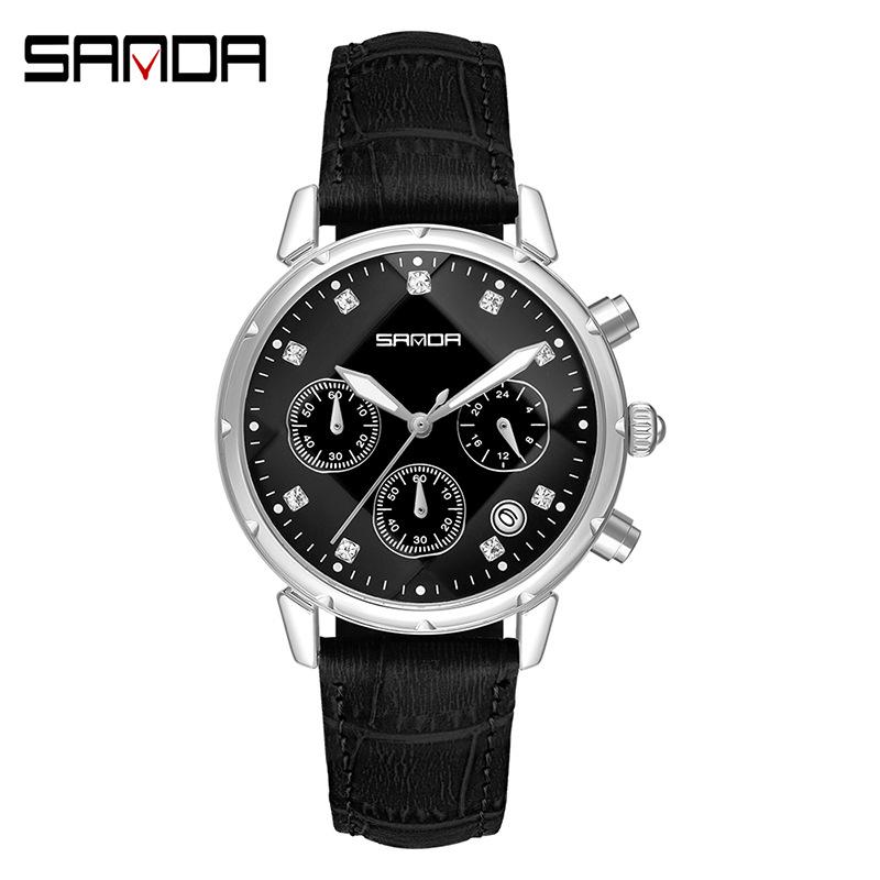 Sanda Women s Trendy Korean Style Casual Watch with Small Seconds, Inlaid Diamonds, and Waterproof Leather Strap