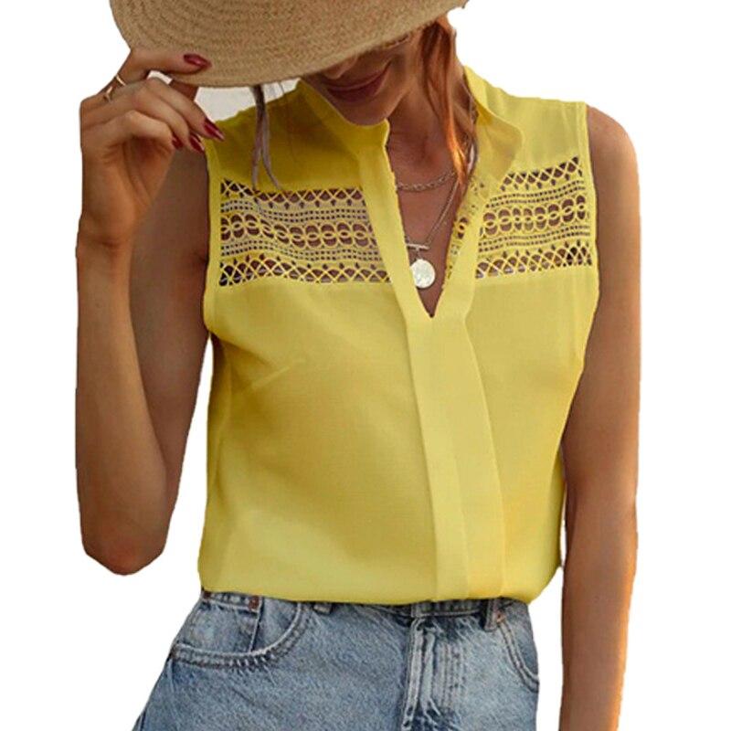 Cheap V Neck Elegant Summer Sleeveless Blouses 2023 Fashion Woman Solid