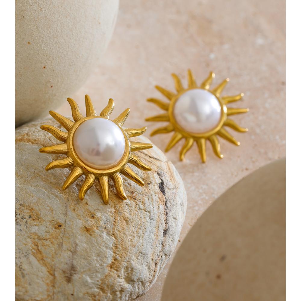 Eetit Stainless Steel Simulated Pearls Sun Stud Earrings 18K Golden PVD Plated Trending Statement Jewelry Gift Prevent Allergy